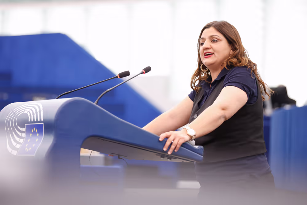 Özlem Demirel, eine Rede in Strasbourg haltend
