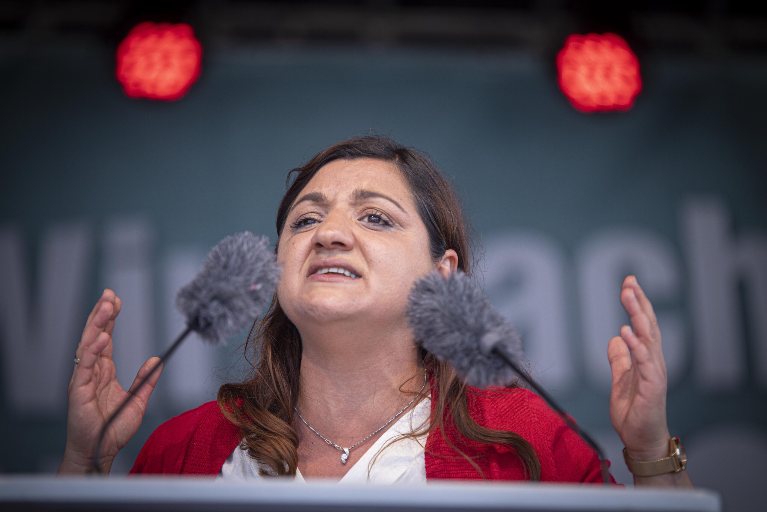 Özlem Demirel auf einer Parteiveranstaltung sprechend