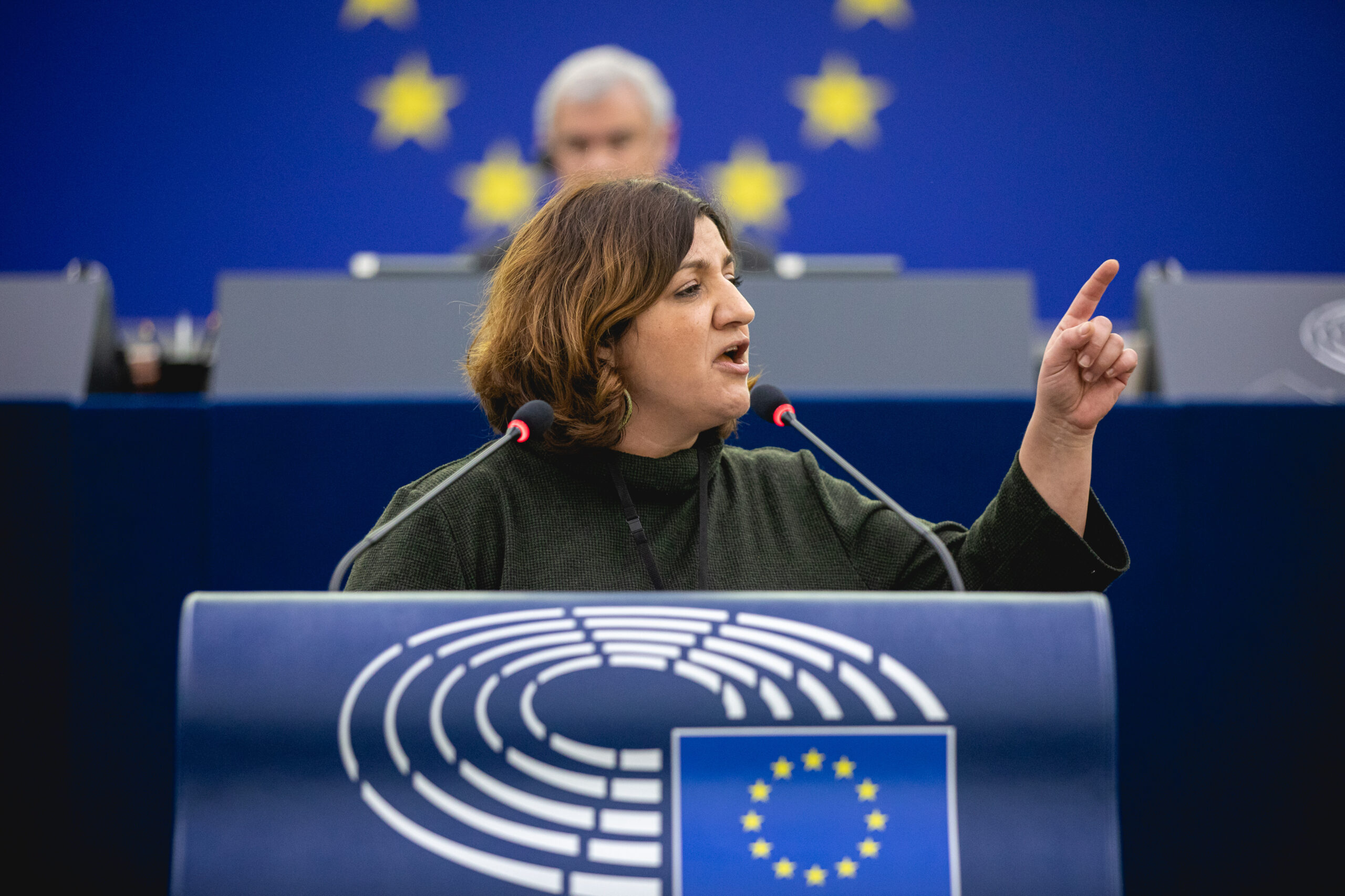 Özlem Demirel, eine Rede im Europäischen Parlament haltend