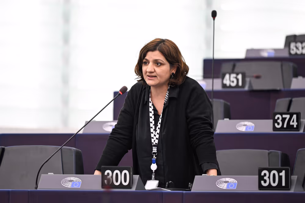Özlem Demirel eine Zwischenfrage im Plenum stellend 